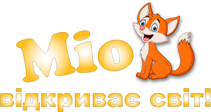 Логотип із мультяшним лисом поруч із текстом «Mio entdeckt die Welt!» яскравим стилізованим шрифтом.