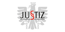 Logo des österreichischen Bundesministeriums für Justiz: ein grauer Adler mit dem Wort „JUSTIZ“ in Schwarz und Rot.