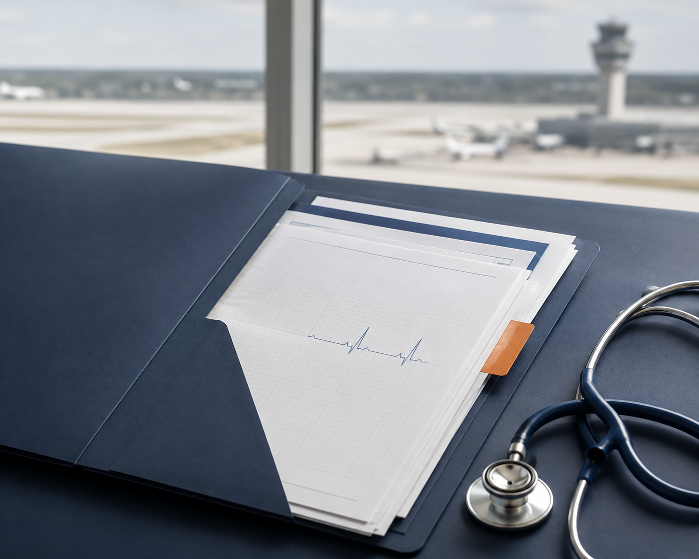 Medizinische Unterlagen mit EKG und Stethoskop für das Medical Cabin Crew