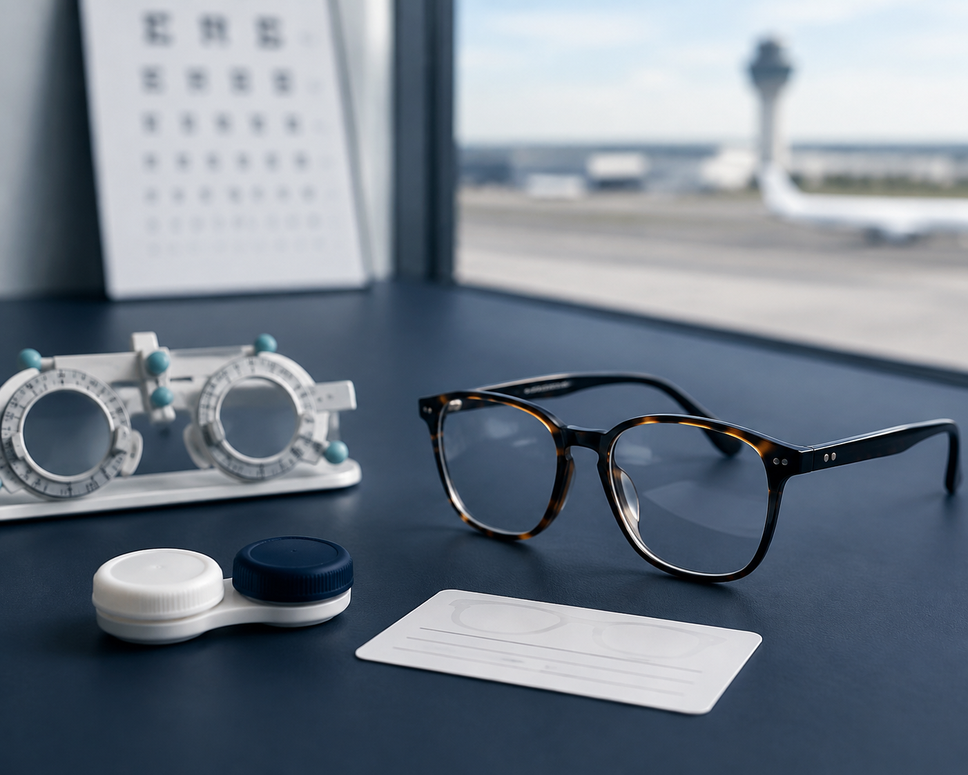 Brille, Kontaktlinsen und Sehtestgerät für die Untersuchung zum Medical Cabin Crew