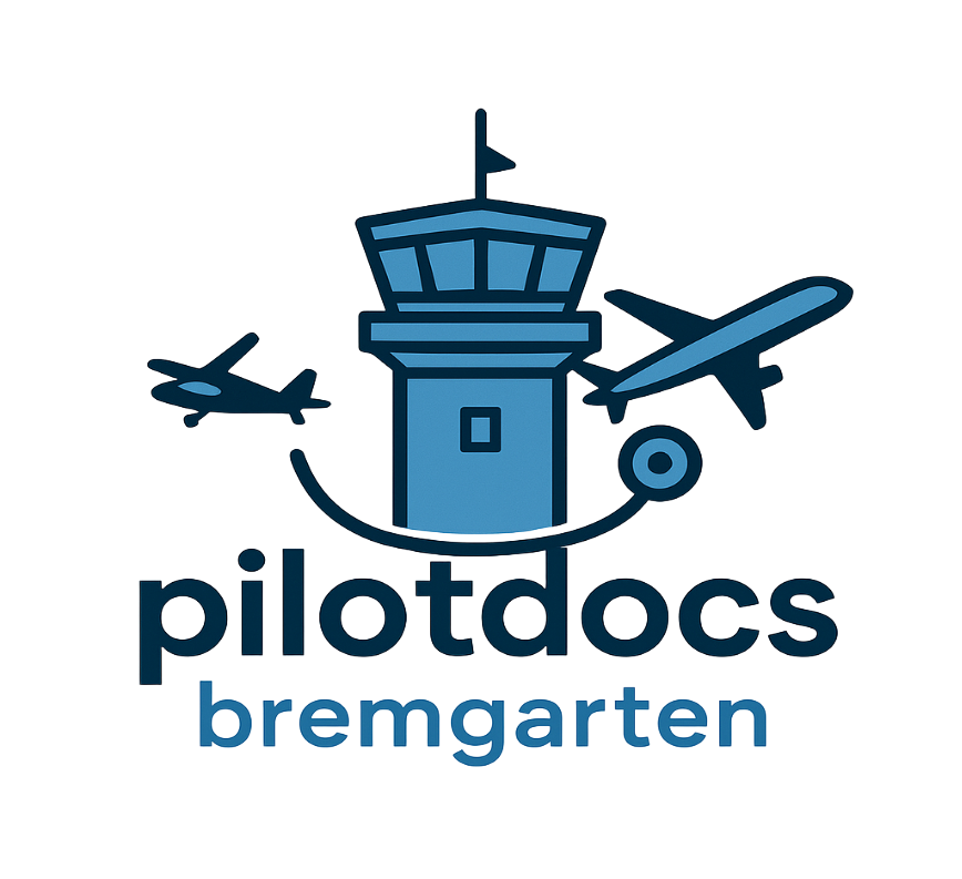 PilotDocs-Logo mit Tower und Flugzeugen