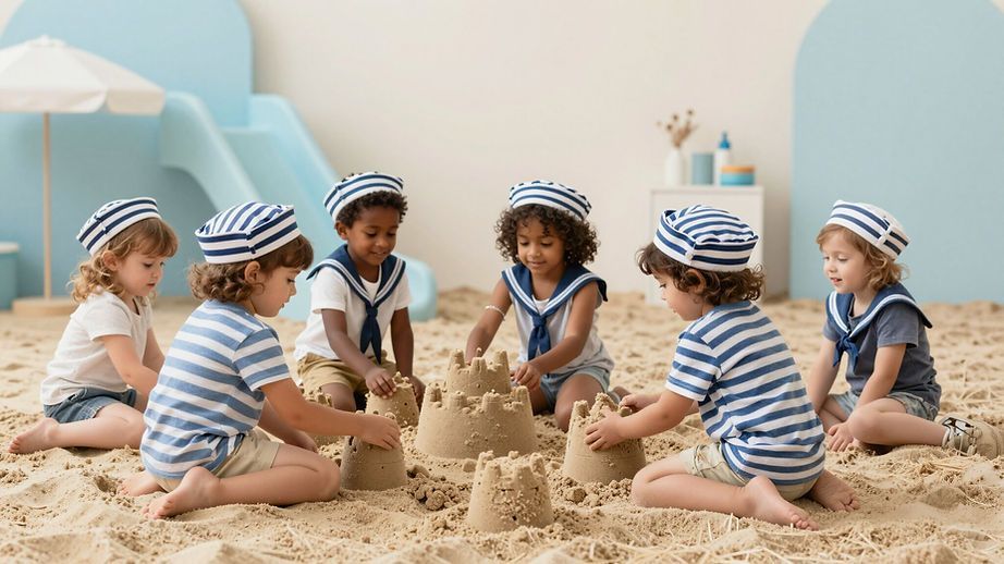 Sechs Kinder, die passende Matrosenmützen und gestreifte Hemden tragen, bauen gemeinsam eine Sandburg in einem hellen, überdachten Spielbereich.