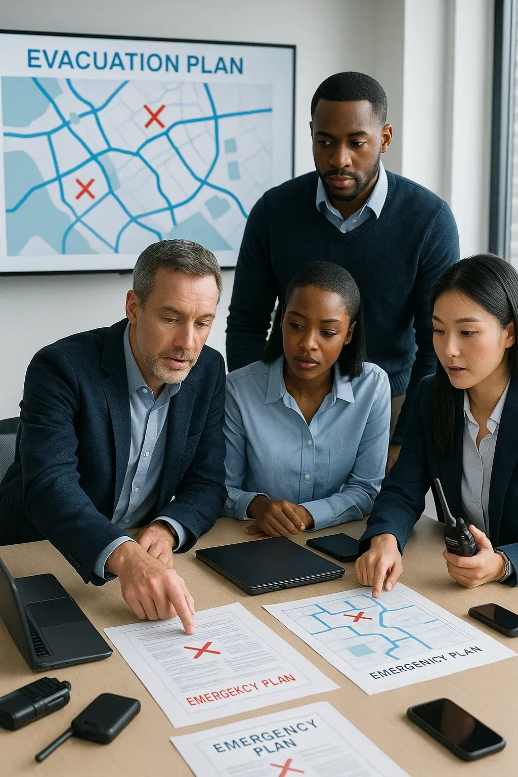 Professionelles Team bei der Krisenmanagement-Besprechung mit Notfallplänen und digitalen Karten in hellem Konferenzraum.