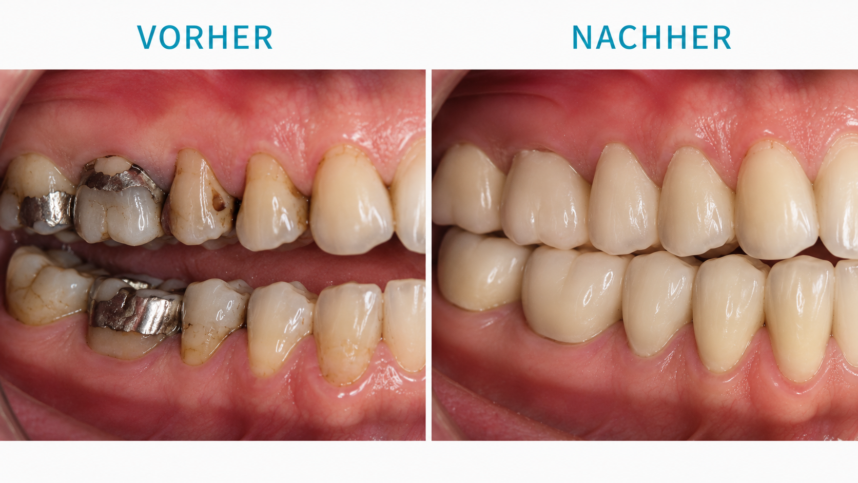 Vorher-Nachher Seitenzahnsanierung mit Keramikkronen bei stark geschädigten Seitenzähnen – Dr. Bodenhausen Leichlingen
