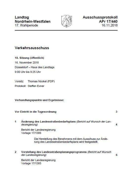 Ausschussprotokoll Verkehrsausschuss im Landtag Nordrhein-Westfalen