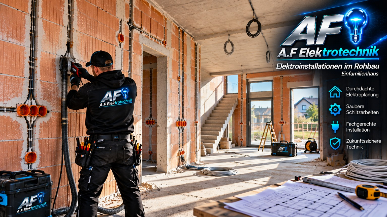 Andreas bei Elektroinstallationsarbeiten im Rohbau eines Einfamilienhauses
