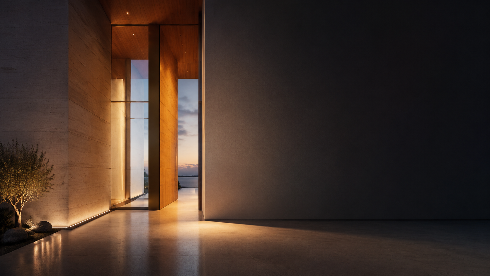 Minimalistischer architektonischer Innenraum mit offenem Durchgang zum Horizont