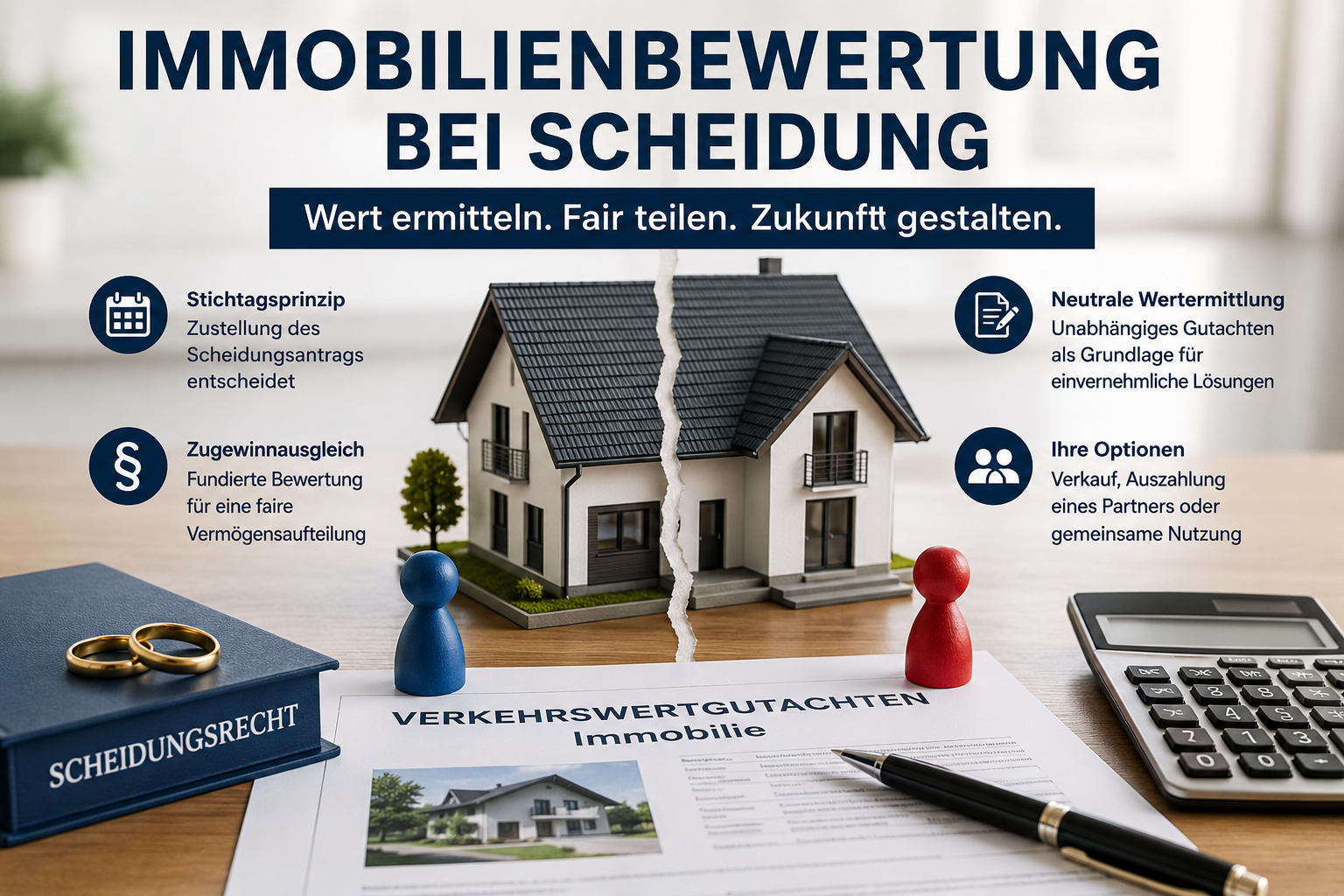 Immobilienbewertung bei Scheidung – Verkehrswertgutachten für Einfamilienhäuser und Eigentumswohnungen zur fairen Wertermittlung beim Zugewinnausgleich.