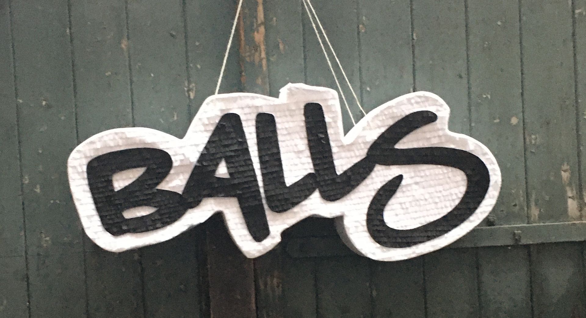 Ein Schild mit der Aufschrift „BALLS“ in Schwarz auf weißem Grund hängt vor einem Hintergrund aus verwittertem grünem Holz.