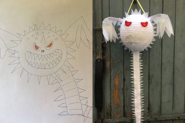 Skizze und Piñata einer Albtraum-Drachenzähmen-Kreatur mit Stacheln, weißem Körper und roten Augen.