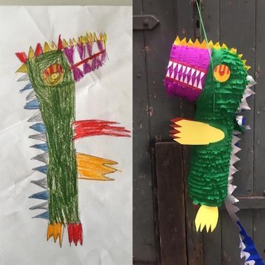 Eine Zeichnung und eine Piñata eines grünen Monsters mit gelben und roten Akzenten; die Piñata hängt draußen.
