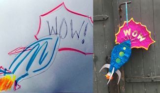 Direkter Vergleich: Kinderzeichnung einer Rakete (links) und selbstgebaute Rakete mit „WOW“-Effekt (rechts), die an einer Tür hängt.