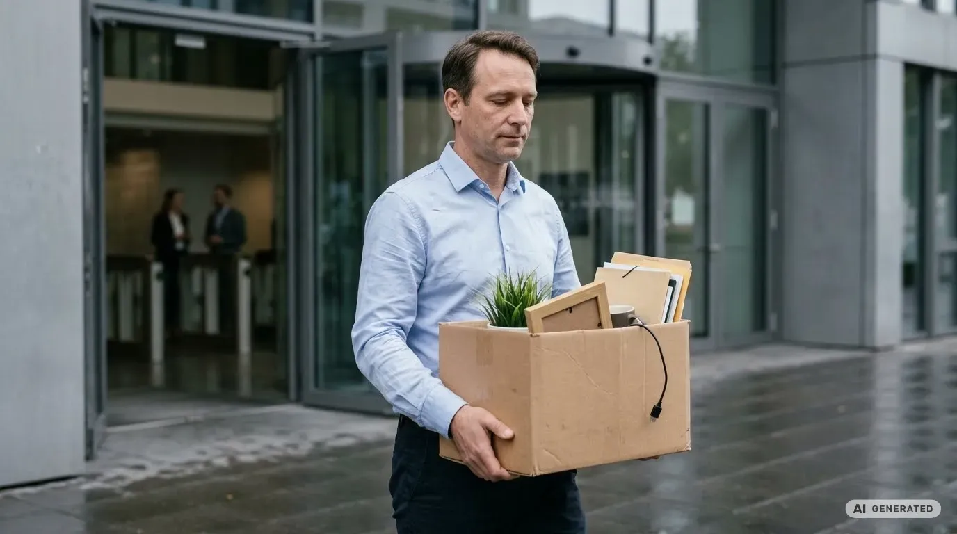 Mann, der gekündigt wurde, verlässt das Bürogebäude mit einem Karton und persönlichen Sachen