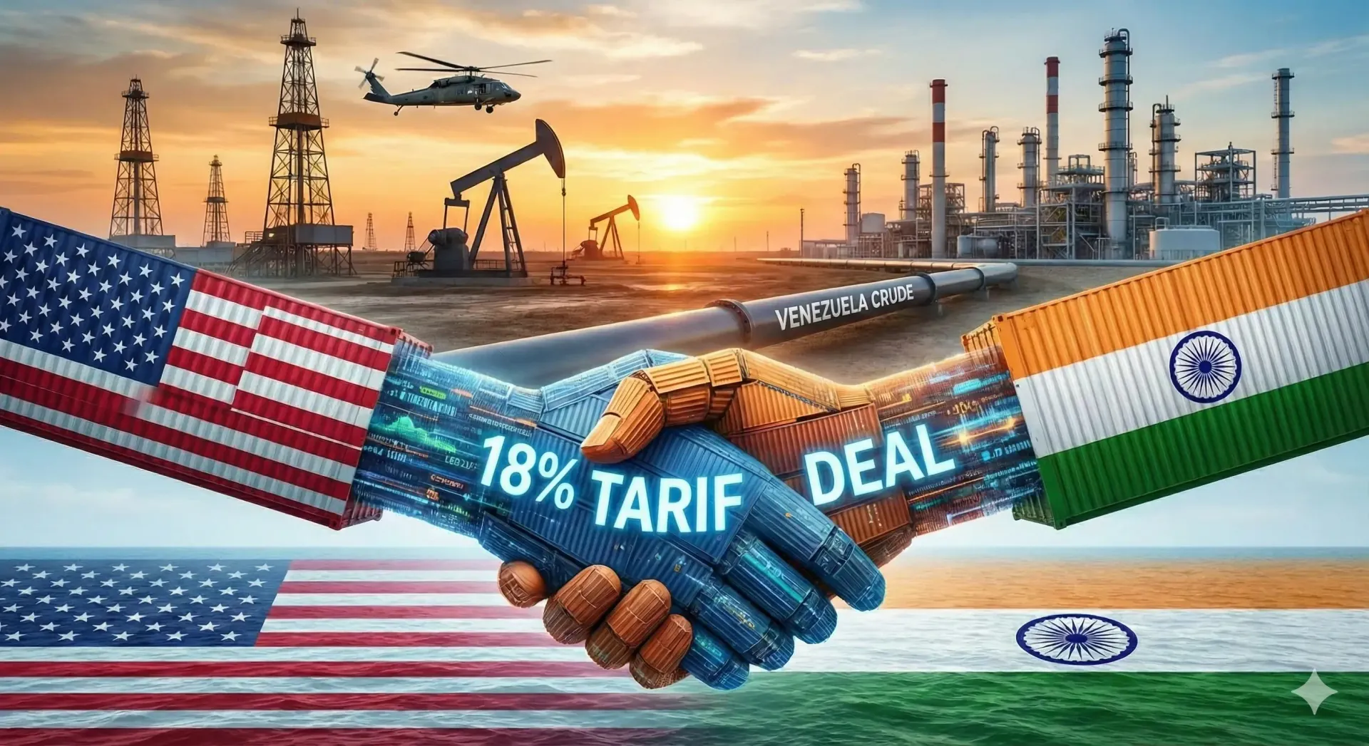 Konzeptgrafik: USA-Indien ‚18 % TARIF DEAL‘ Handschlag vor venezolanischen Ölfeldern 