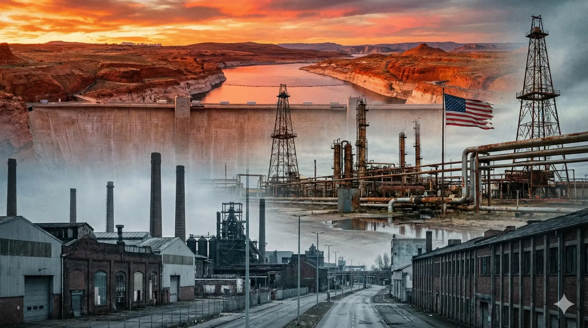 Eine Collage aus drei horizontalen Abschnitten zeigt verschiedene Aspekte von Energie und Industrie.