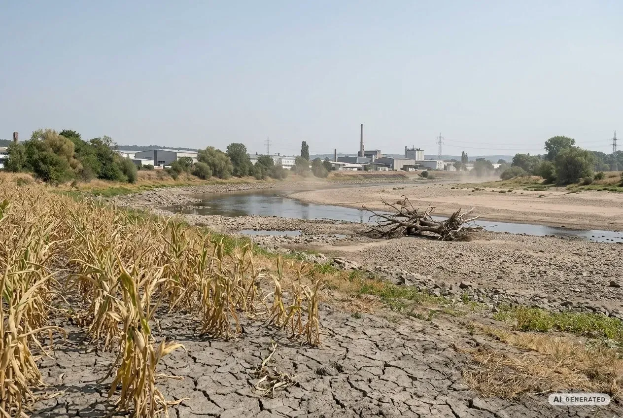 Ausgetrockneter Maisacker mit rissigem Boden vor einem Fluss mit Niedrigwasser, am anderen Ufer ein Industriegebiet.