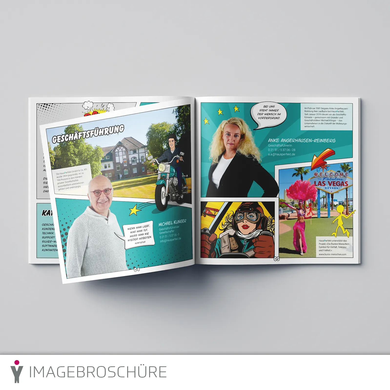 Quadratische Imagebroschüre in 21x21cm für die HausPerfekt GmbH & Co. KG im Comic-PopArt-Design