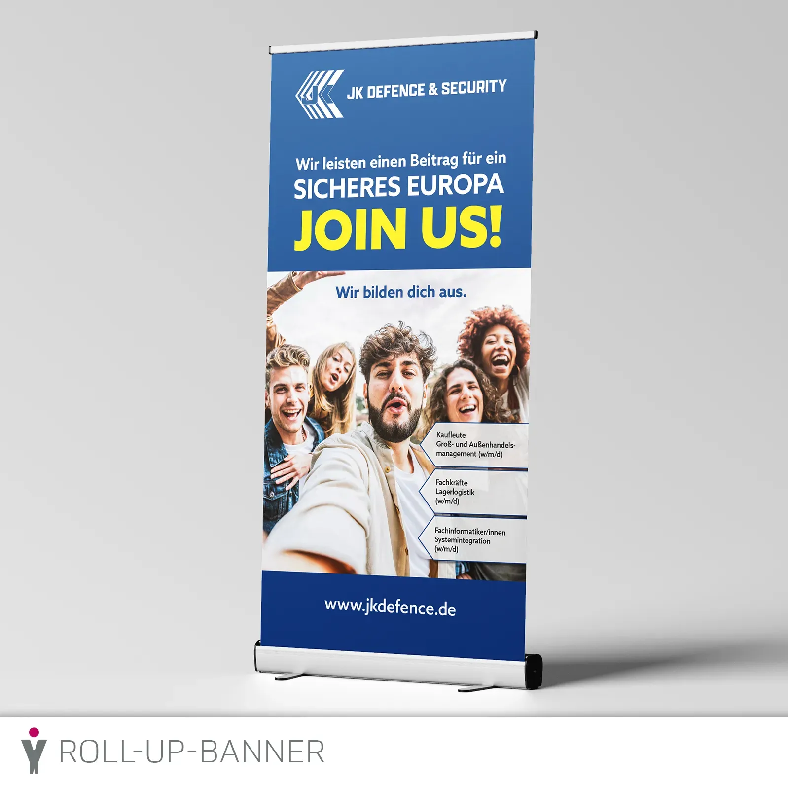 Roll-up-Banner für die JK Defence & Security Products GmbH zur Gewinnung von Auszubildenden auf einer Berufsinformationsmesse