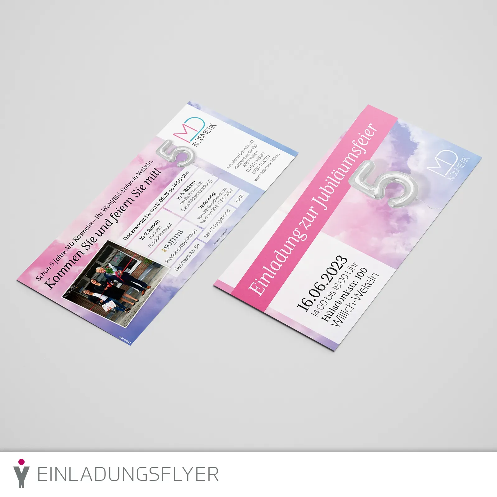 Flyer DIN lang als Einladung zur Jubiläumsfeier von MD Kosmetik