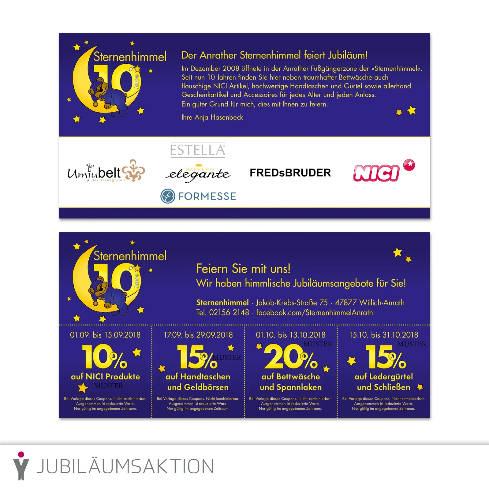 Flyer DIN lang zur Jubiläumsfeier für das Geschäft Sternenhimmel mit Perforation für abtrennbare  Rabattcoupons