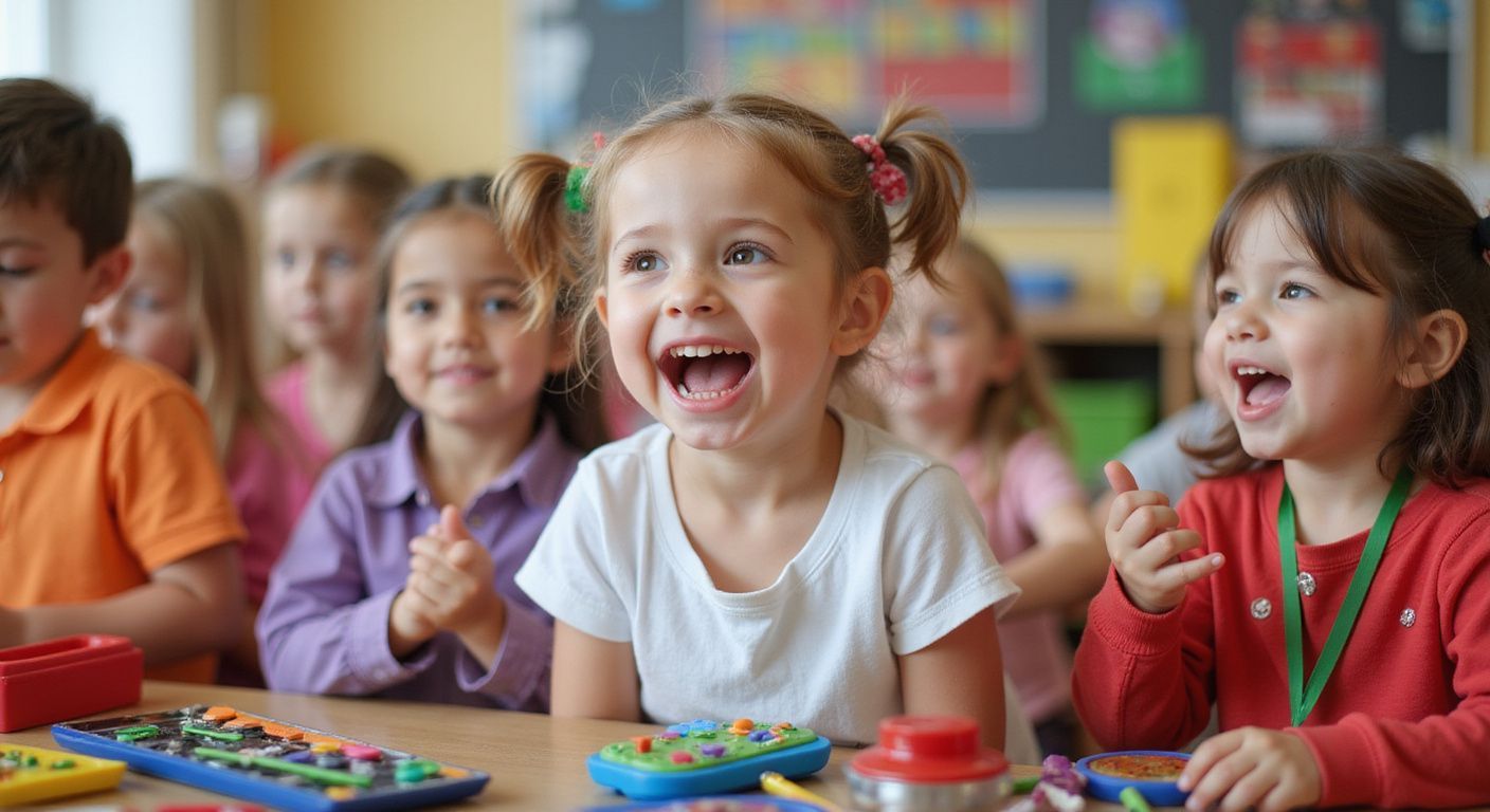 Kinder in einem Klassenzimmer, aufgeregt, klatschen und lächeln über etwas, das nicht im Bild zu sehen ist.