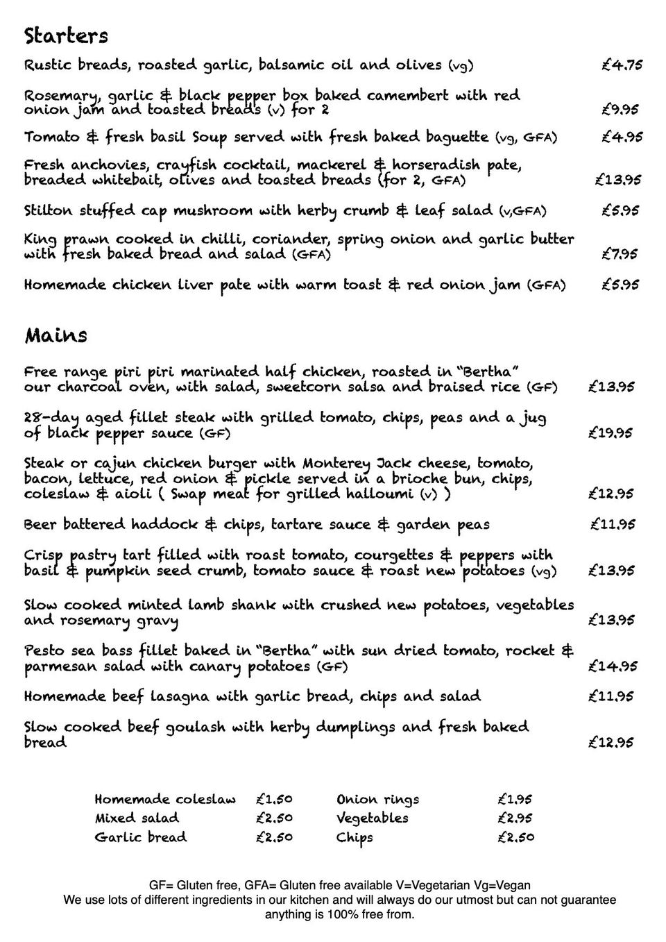 Menu Homemade Pub Food The White Horse Pub, Whepstead, Suffolk