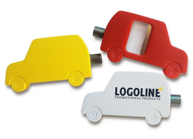 Werbeartikel Servicecar - Flaschenöffner mit Heizungsentlüftungsschlüssel in Autoform in verschiedenen Farben individuell bedruckt