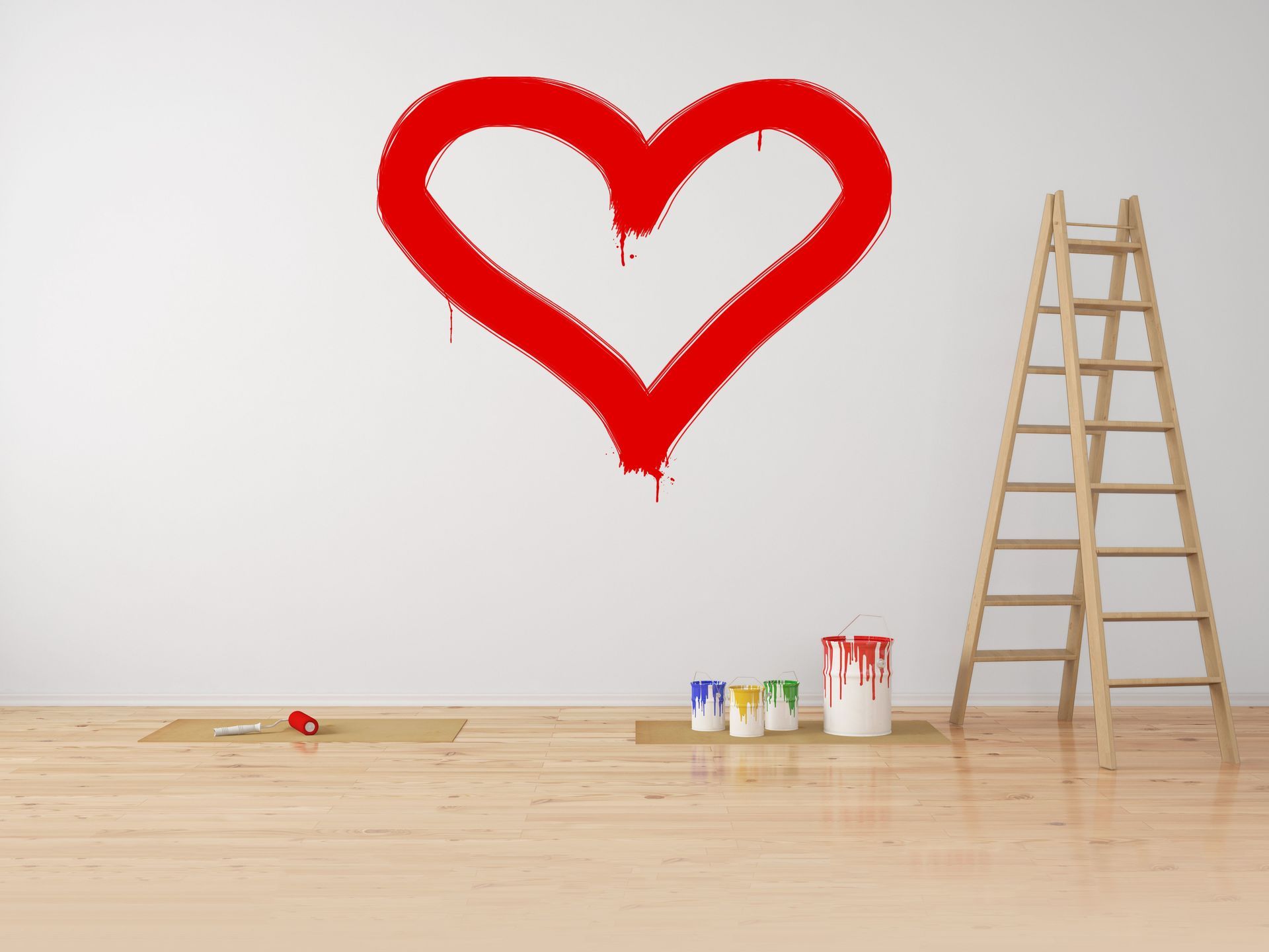 Rotes Herz auf eine weiße Wand gemalt, Holzleiter, Farbe und Zubehör auf dem Boden.