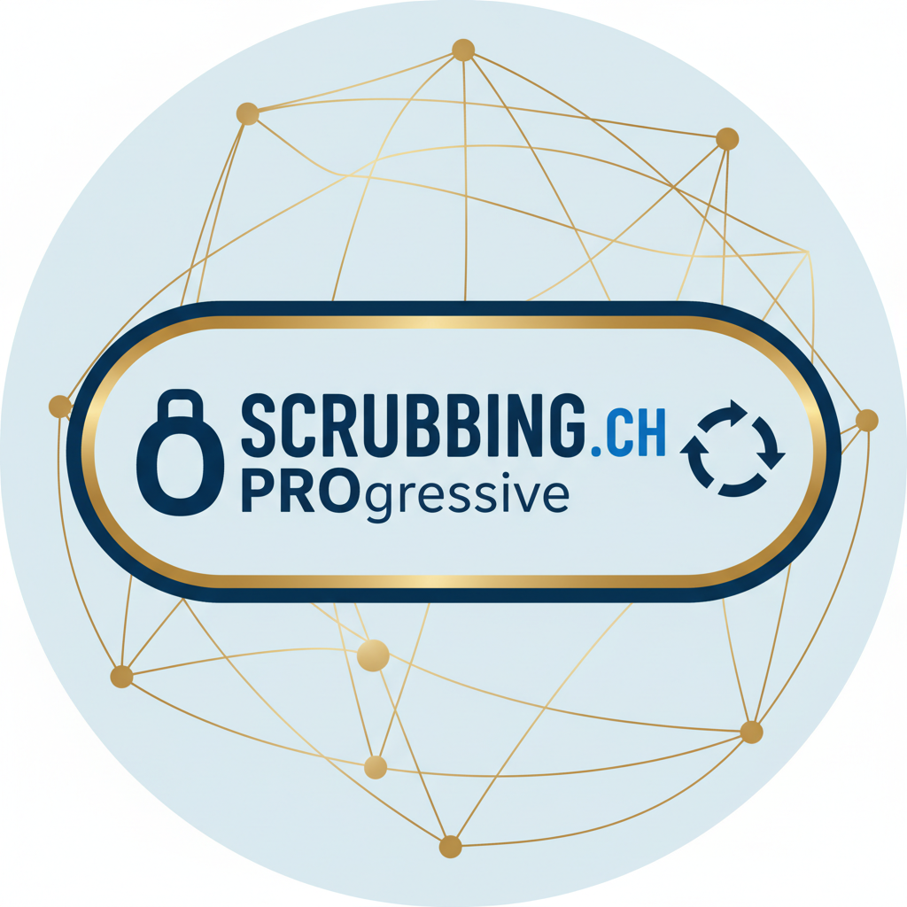 Logo für Scrubbing.ch Progressive mit einem stilisierten Scrub-Symbol und einem kreisförmigen Pfeilsymbol auf geometrischem Netzwerkhintergrund.