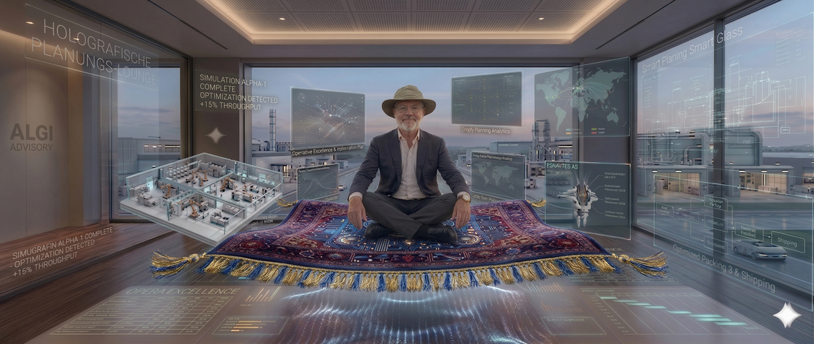Alexander Girkinger, Gründer von ALGI Advisory, sitzt souverän auf einem fliegenden Teppich in einer futuristischen Lounge und überblickt eine Industrieanlage – Symbol für strategischen Weitblick und technische Due Diligence.