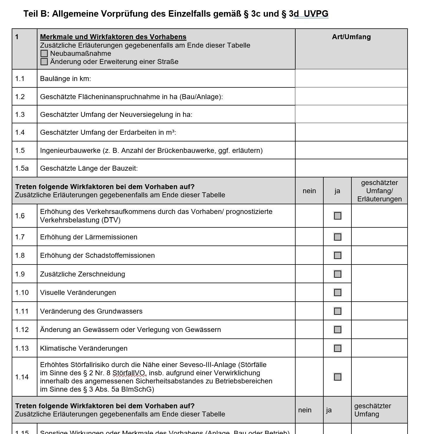 Umweltverträglichkeitsprüfung Vorprüfung UVP Checkliste