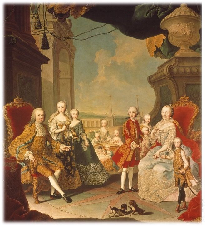 Porträt der königlichen Familie, reich gekleidete Figuren in einem Palast; rote und goldene Kleidung, im Hintergrund Natur.