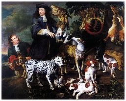 Mann mit Hunden, Falke und Jagdbeute in einer Landschaft; Figuren, Tiere und Wild sind dargestellt.