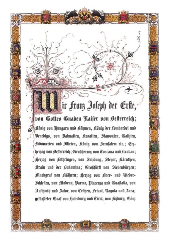 Offizielles Dokument mit reich verziertem Rand und Text. Deutscher Text, vermutlich eine königliche Proklamation von Franz Joseph dem Ersten.