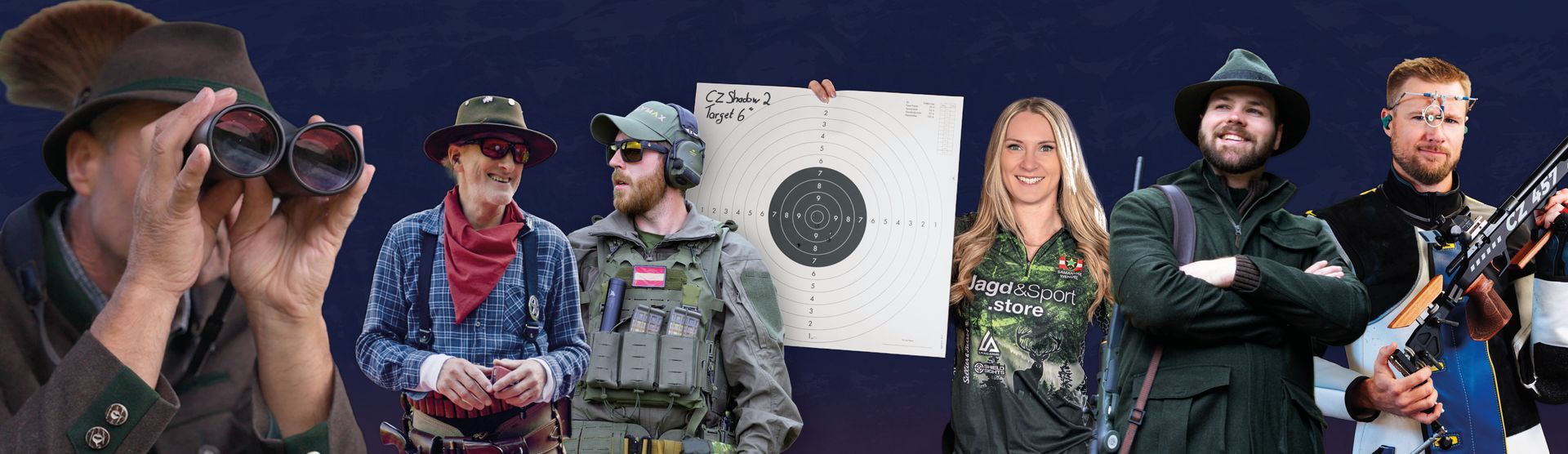 Eine Gruppe von Menschen in Kostümen, die Waffen halten, steht vor einem blauen Hintergrund.