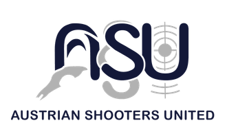 Logo von Austrian Shooters United: marineblaues „ASU“ mit Zielscheiben-Symbol, graue stilisierte Waffe und Text „Austrian Shooters United“.