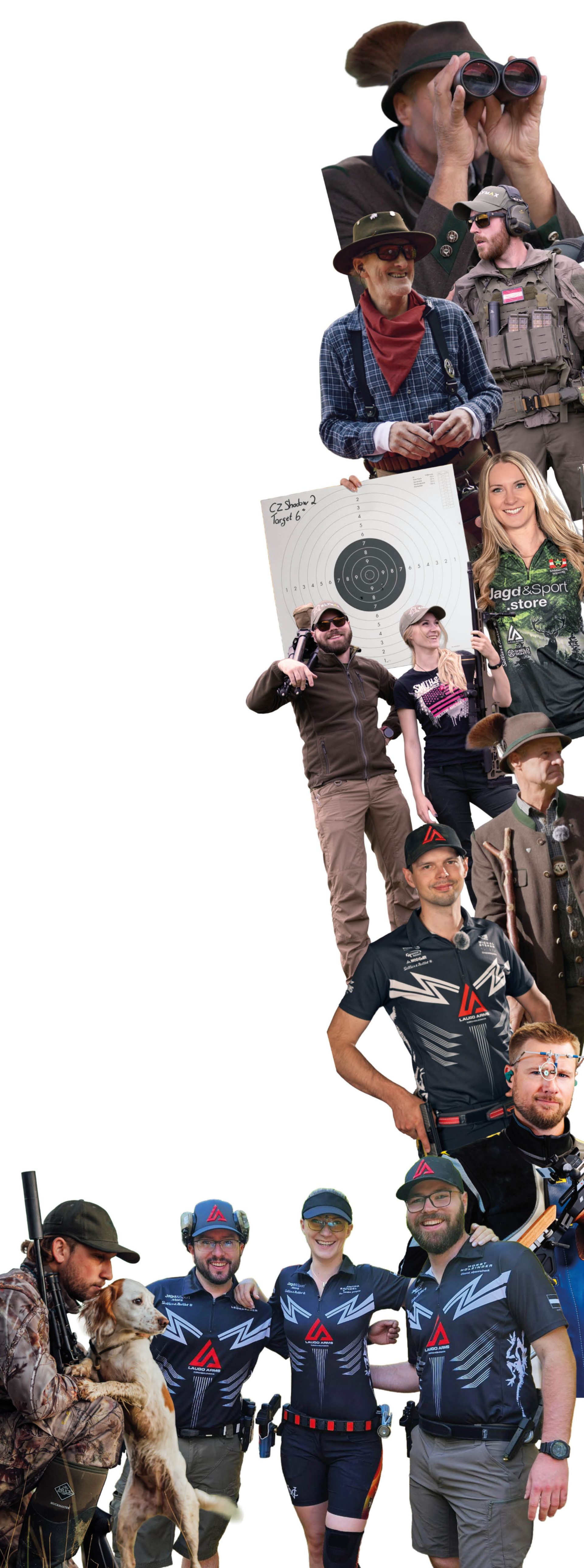 Menschen, Zielübungen, im Freien. Cowboys, Militärangehörige und andere posieren vor Weiß.