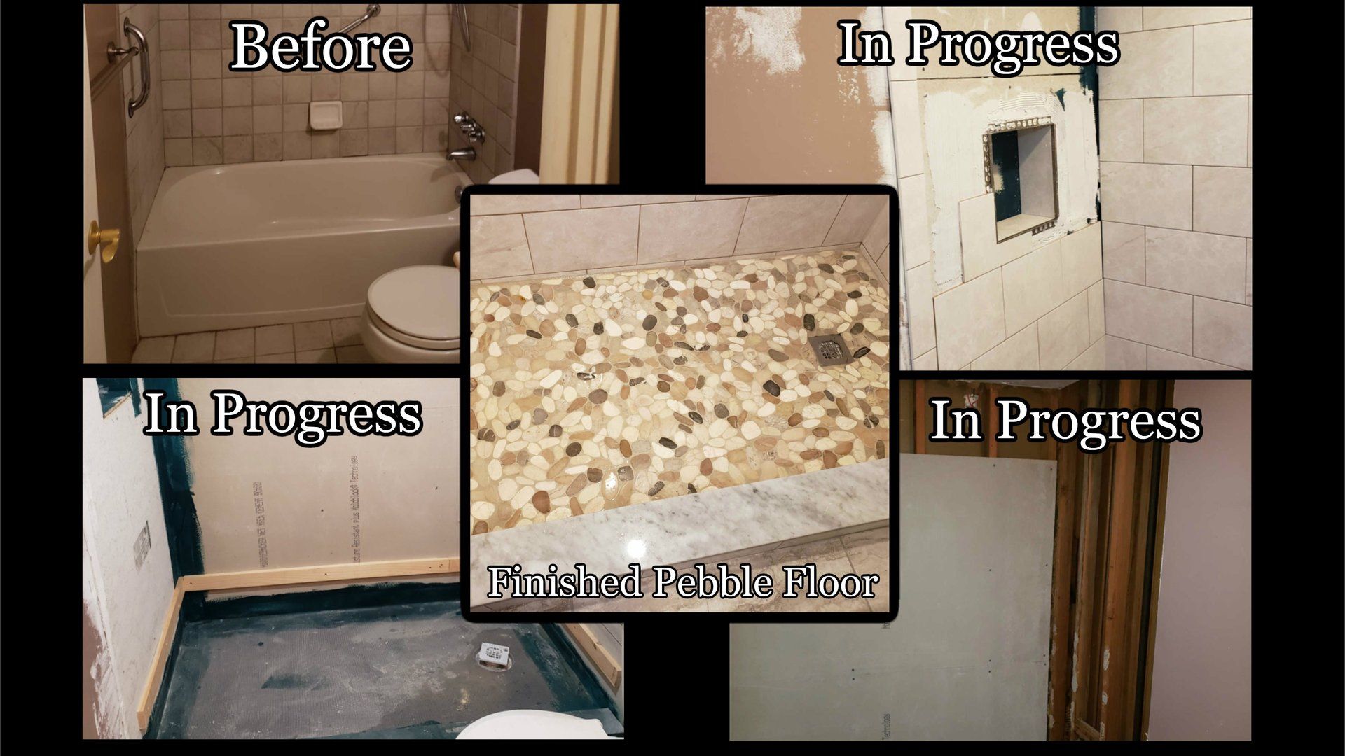 Before/During collage of a Jenkintown Bathroom Remodel with pebble floor and shower niche