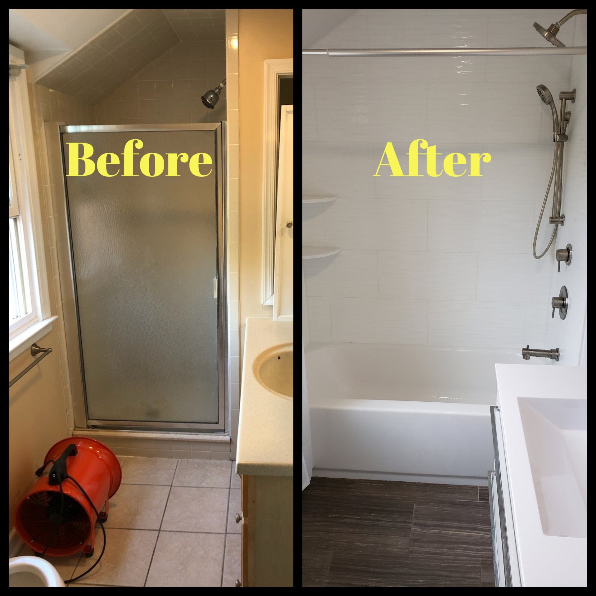 Before and after collage of a master bathroom remodel in willow grove