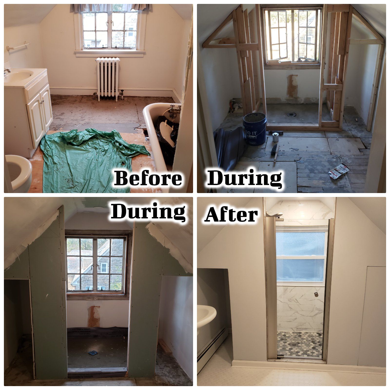 Before/during/after collage of Jenkintown bathroom remodel on third floor.