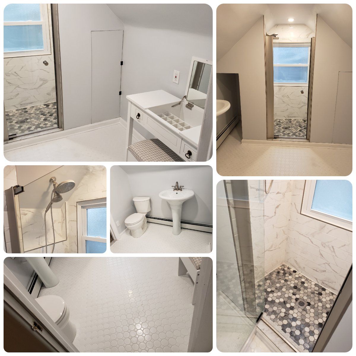 Collage of different views and close ups of Jenkintown bathroom remodel on third floor.