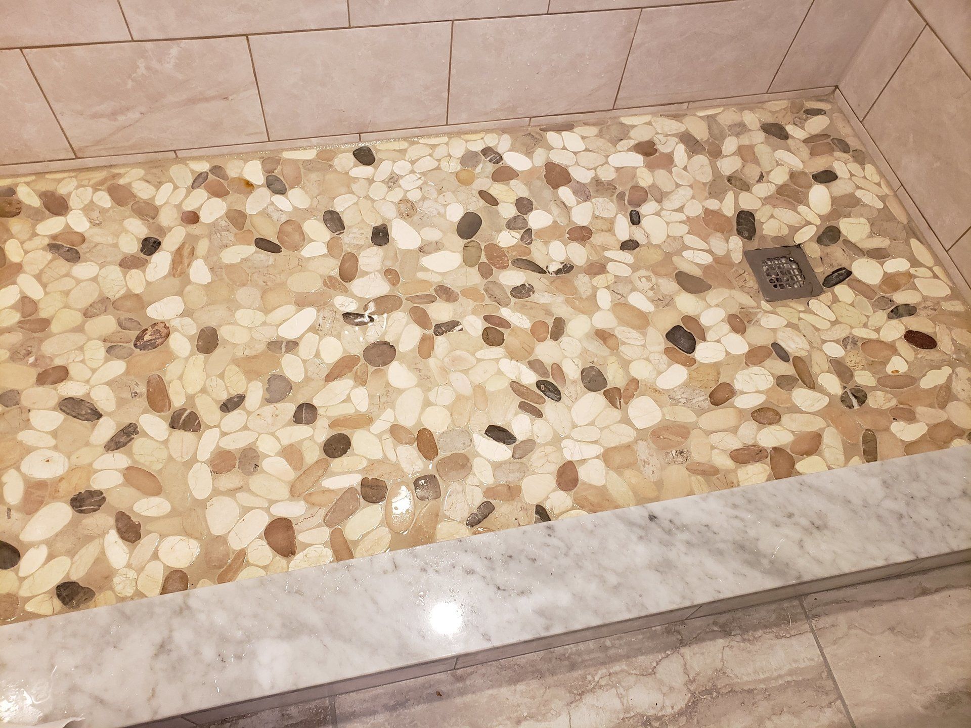 finished pebble shower floor in Jenkintown bathroom remodel