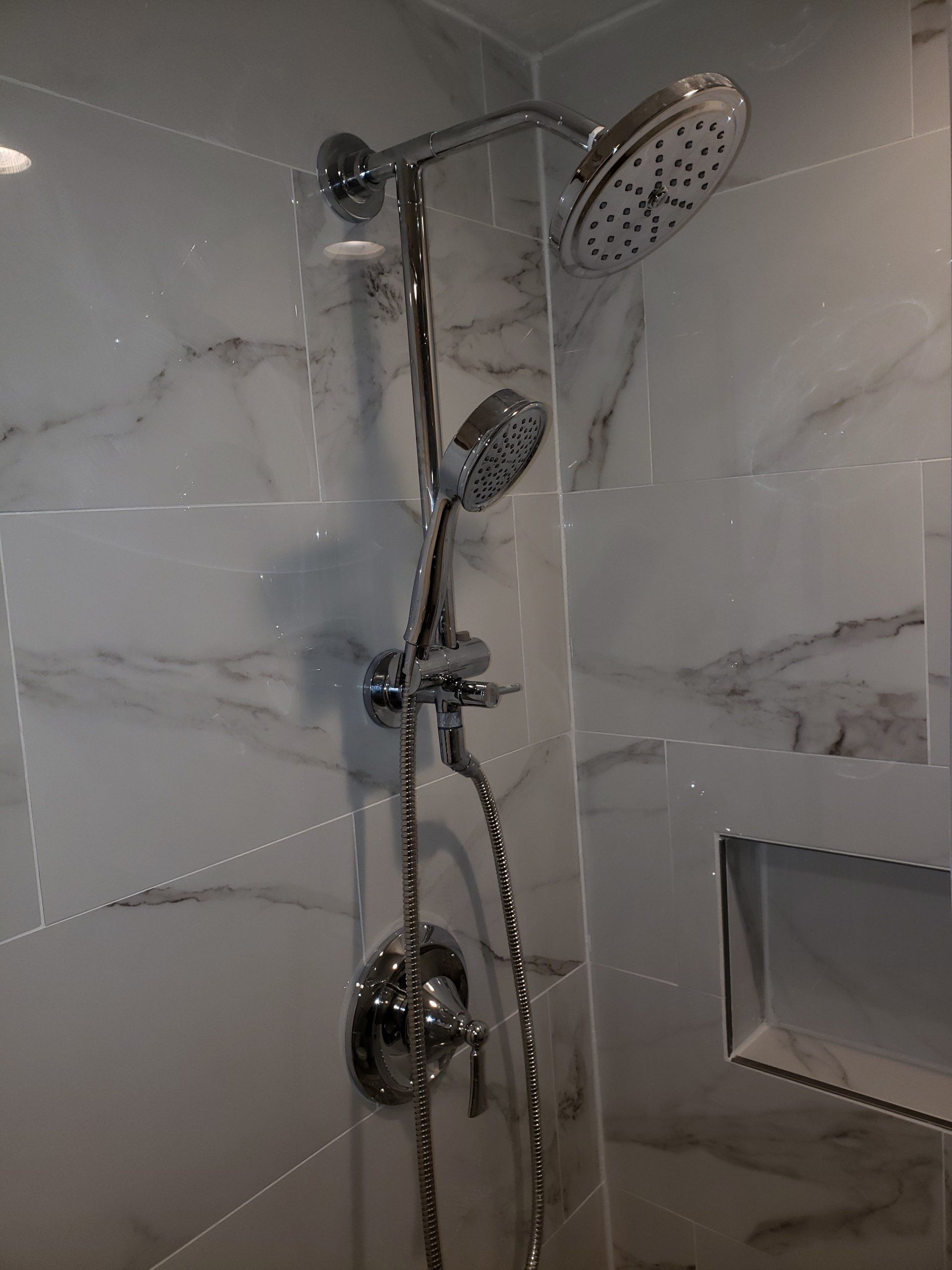Dual shower head with removable lower head in Jenkintown bathroom remodel