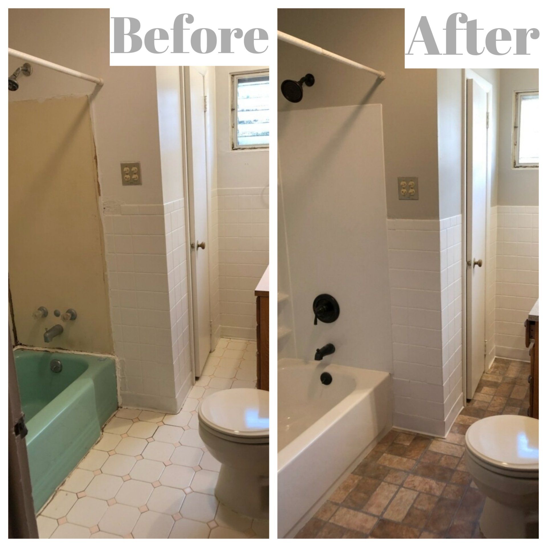 before and after photo comparison of new bathtub, new tile flooring bath fixtures and paint in Glenside bathroom remodel