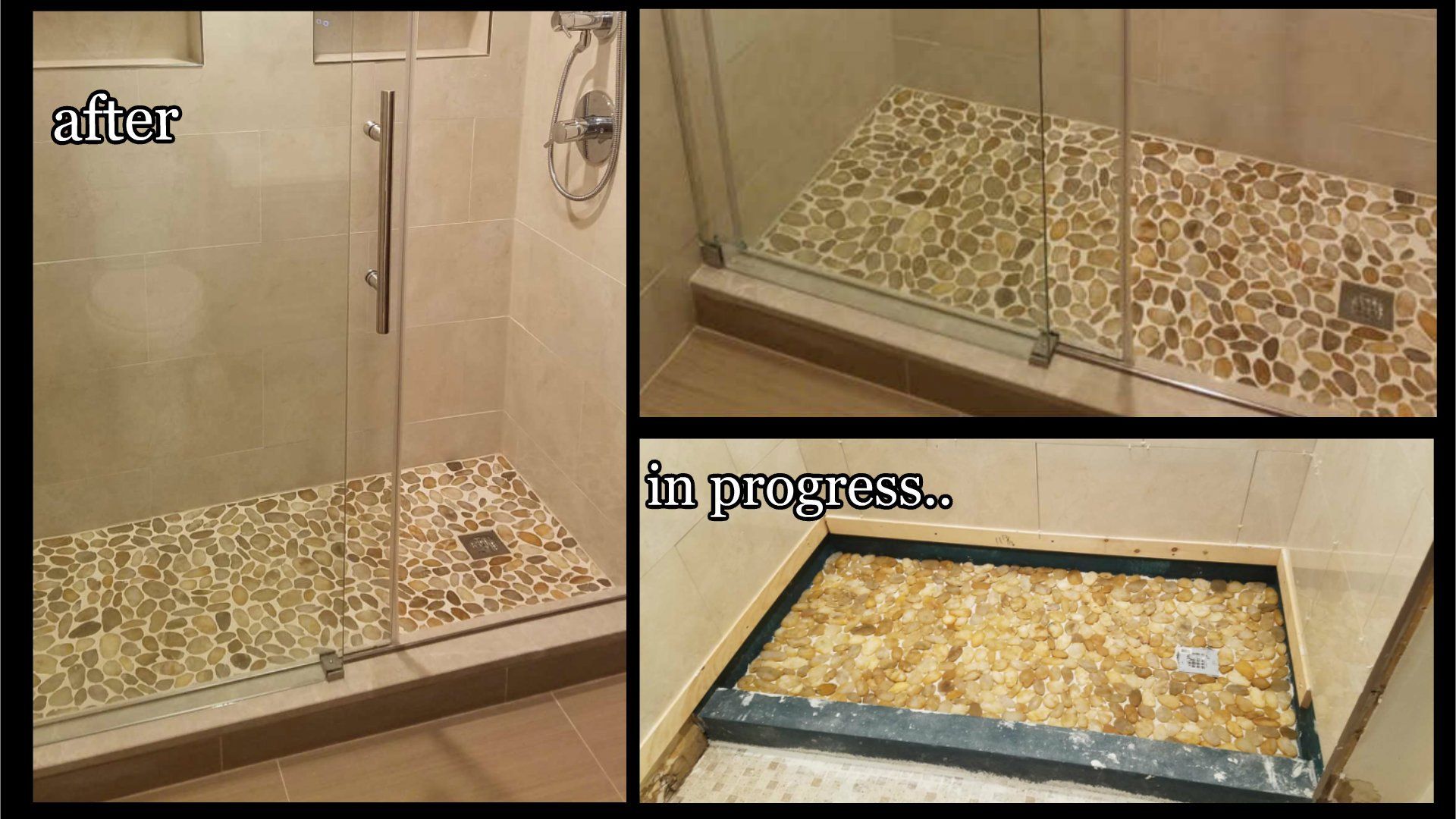 pebble shower floor bathroom renovation Abington Montgomery County before/after collage