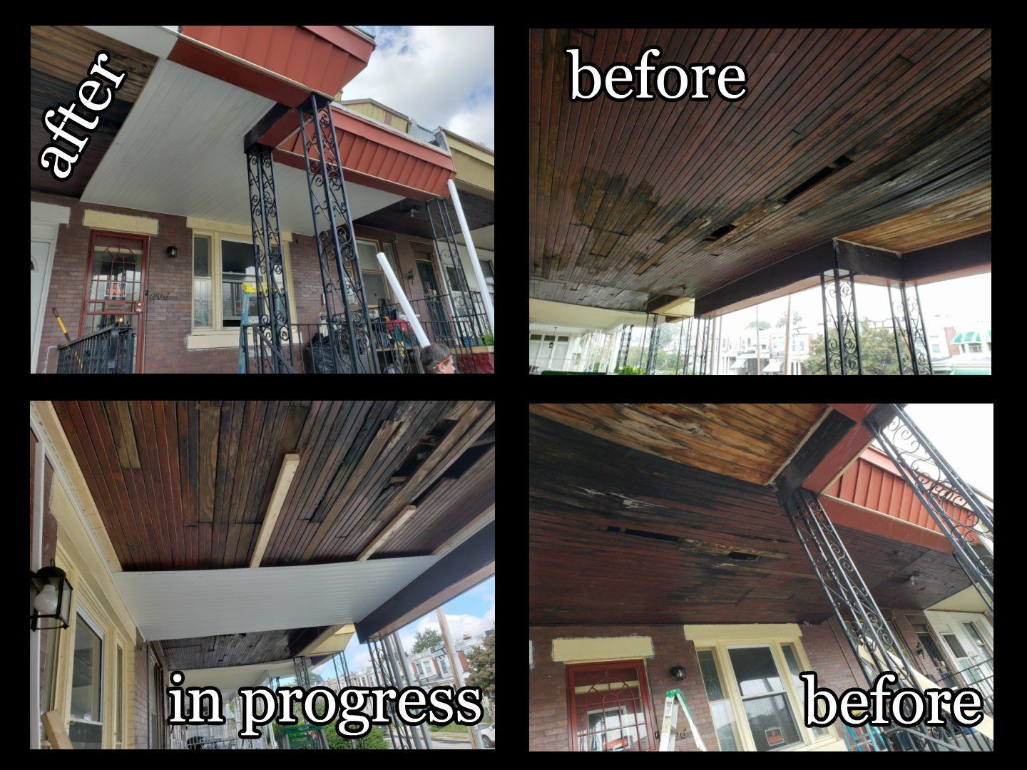 before/after collage repair porch ceiling with vinyl soffit in Philadelphia general contractor repair job