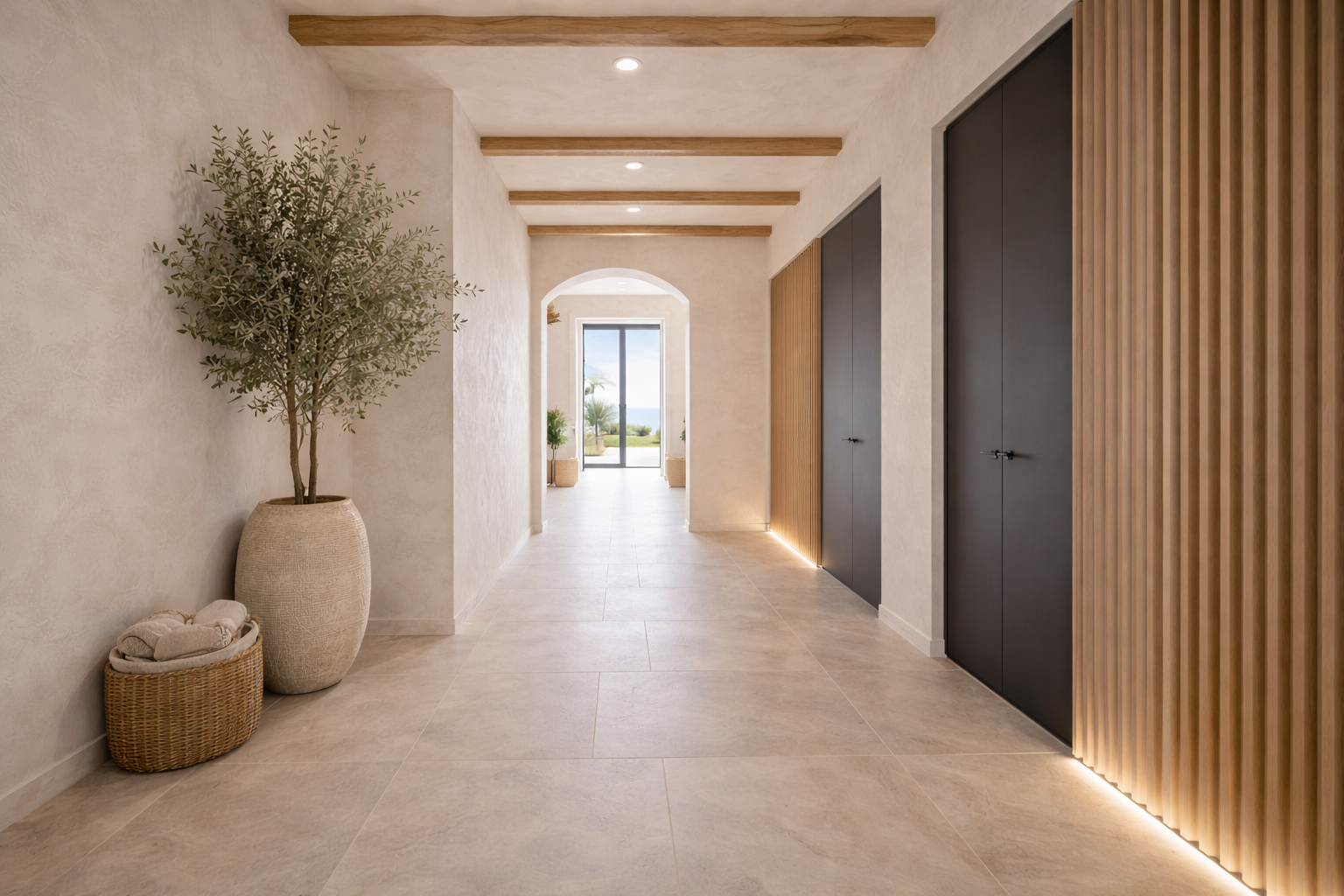 Pasillo de vivienda contemporánea con puertas interiores de suelo a techo, paneles de madera y luz integrada.