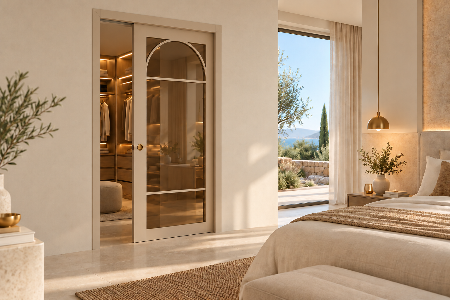 Puerta corredera acristalada con marco de madera, integrada en dormitorio mediterráneo con luz natural y tonos cálidos.