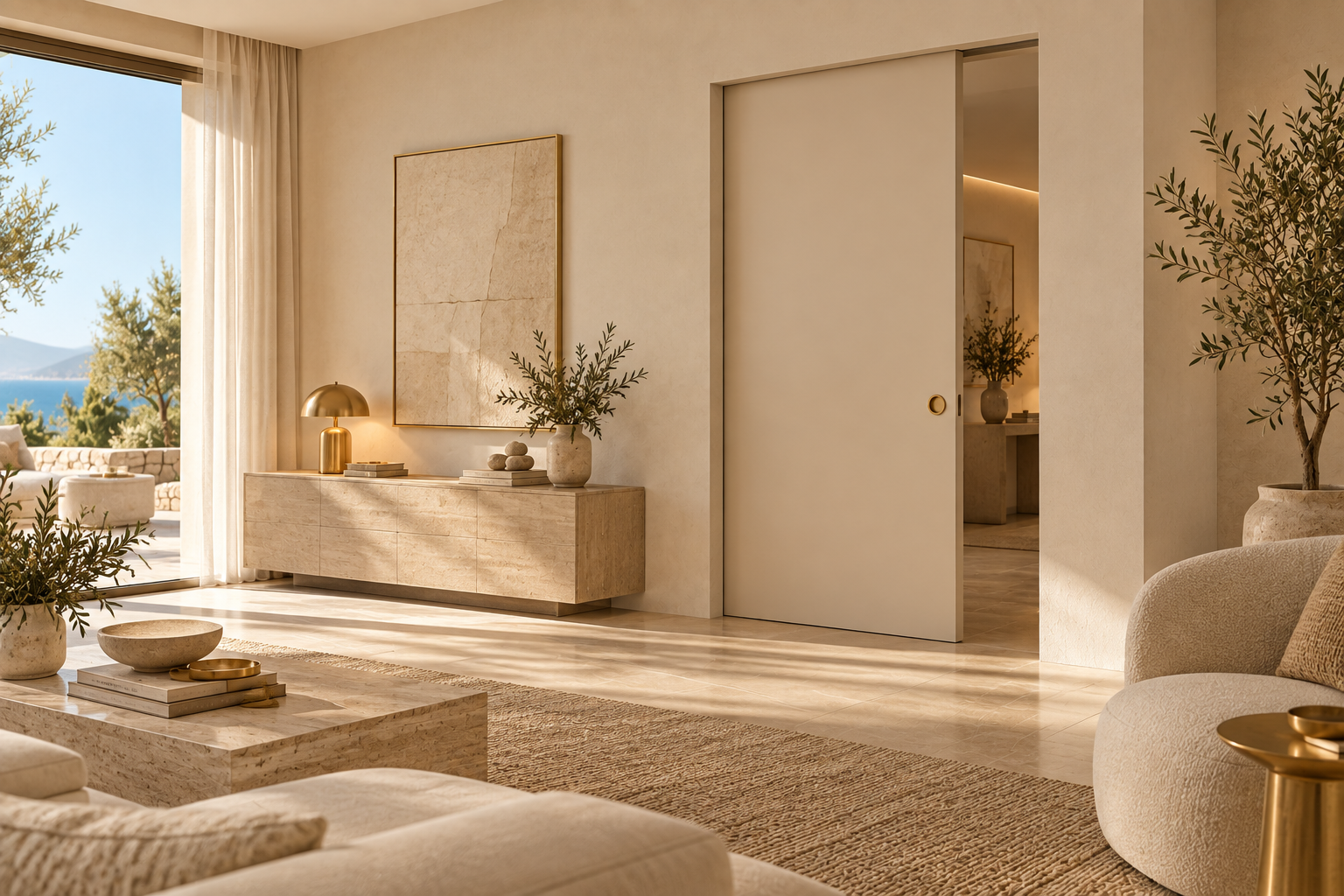 Interior mediterráneo minimalista con puerta de suelo a techo, paredes color arena y mobiliario de piedra natural.
