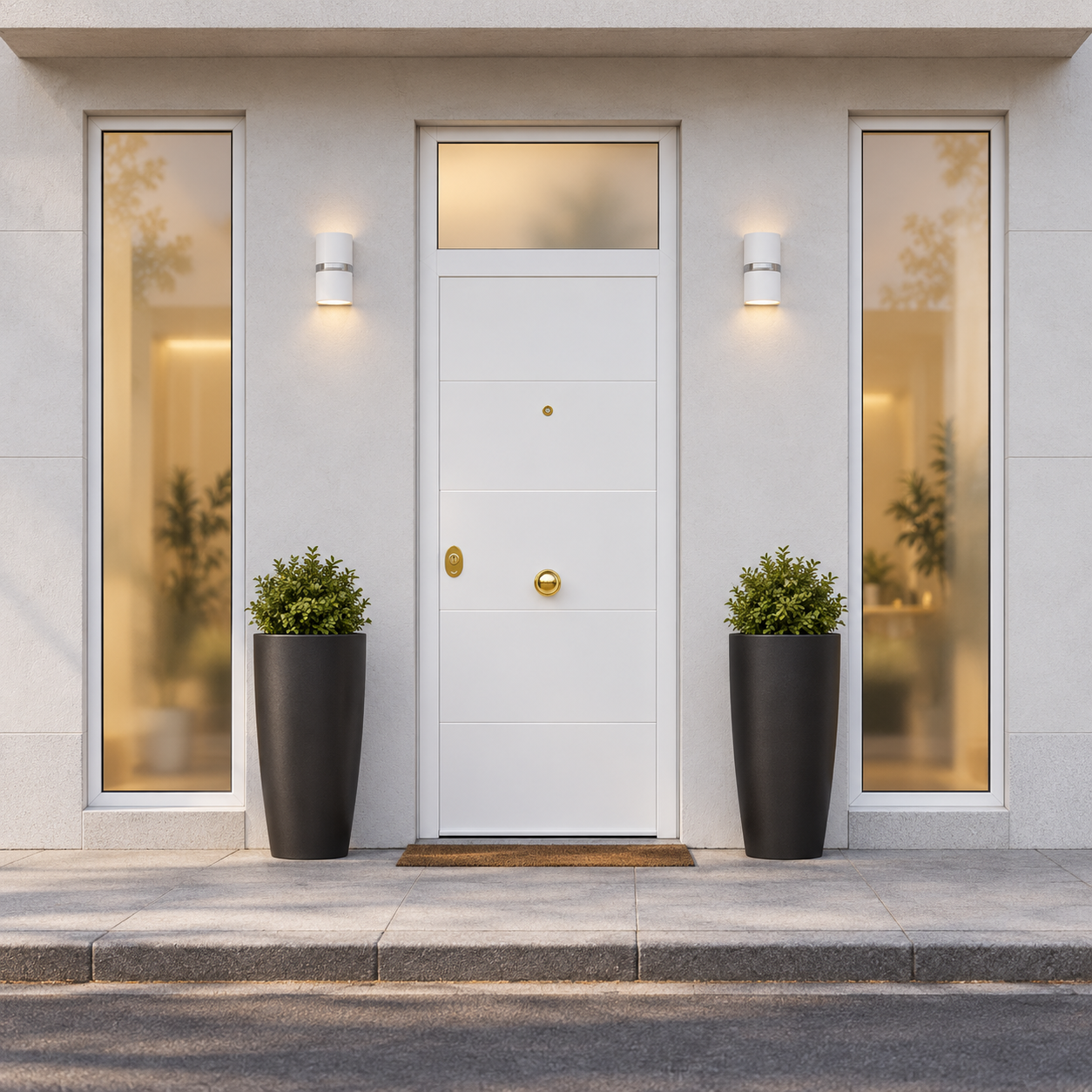 Puerta de entrada blanca de diseño clásico con molduras y cristales laterales, en fachada elegante de vivienda unifamiliar.